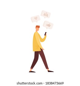 Faceless male character using social media, messaging on mobile phone, getting online notifications. Young man hold smartphone and texting in messenger. Flat vector illustration isolated on white