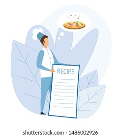 Faceless Man Cartoon Chef Character in Uniform Holds Huge Recipe Empty List Dreaming about Pizza. Fast Food and Snack. Mockup Ingredient Menu for Text. Vector Flat Illustration with Foliage Design