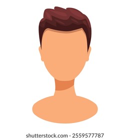 Faceless man character with brown hair is posing on white background