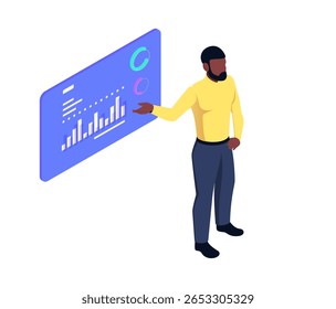 Personagem sem rosto apontando na tela com gráfico e diagrama. Personagem de desenho animado isométrico vetorial dando aula, planejamento ou estratégia. Apresentação de negócios no trabalho, fundos de orçamento pessoal