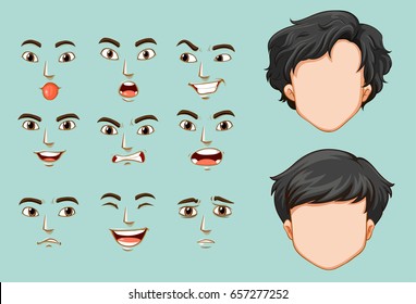 Faceless man and different faces with emotions illustration