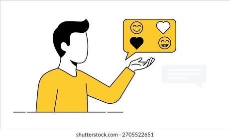 Homem sem rosto expressando emoções através de ícones de bate-papo plana mínima ilustração vetorial
