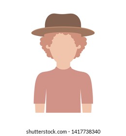faceless man half body with hat and t-shirt with curly hair in colorful silhouette