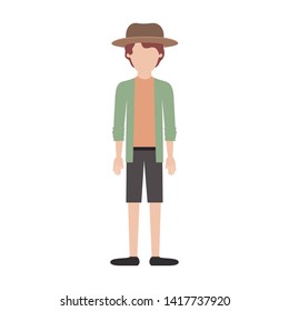 faceless man with hat and shirt with jacket and short pants and shoes with short wavy hair in colorful silhouette
