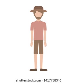 faceless man with hat and t-shirt and short pants and shoes with short hair and beard in colorful silhouette