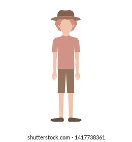 faceless man with hat and t-shirt and short pants and shoes with curly hair in colorful silhouette