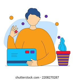 Faceless Man Holding Payment Card With Discount Label, Plant Pot On Blue And White Background For Online Payment And Shopping Concept.