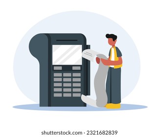 Faceless man paying for different services cashless. Making payments for online shopping. Secure mobile banking. Wireless money transfer. Digital marketing environment. Vector
