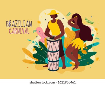 Faceless Man Playing Drum with Woman Dancing and Colorful Leaves on Yellow Background for Brazilian Carnival Celebration.