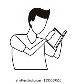 faceless man reading book in black and white