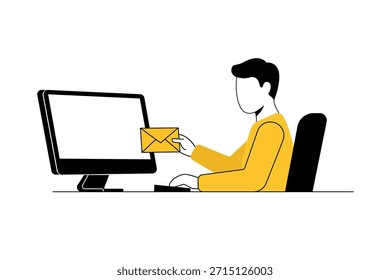 Hombre sin rostro que recibe el correo electrónico en el ordenador de sobremesa Ilustración vectorial mínima plana