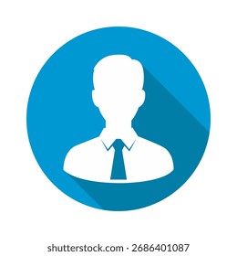 Ein gesichtsloser Mann in Anzug und Krawatte in weißer Silhouette. Auf blauem, kreisförmigem Hintergrund mit langem Schatten, der für Professionalität in der Geschäftswelt steht.