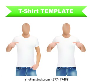 Faceless man wearing blank white t-shirt pointing at his chest on white background, vector eps10 illustration