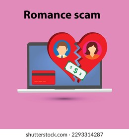 Faceless man and woman on a broken heart, dollar banknote and credit card in front of a laptop, romance scam concept