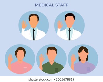 Faceless medical staff for character creation. Medicine professional doctor. Medical teamwork. Character constructor. Front view. Illustration, vector, cartoon hand-drawn