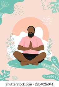 Faceless Meditating male. Vector illustration of Faceless man sitting in Yoga Lotus position surrounded by Plant leaves. Harmony and peace concept.	