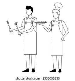 faceless men chef cook barbecue food in black and white