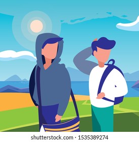 faceless men with landscape in background vector illustration design