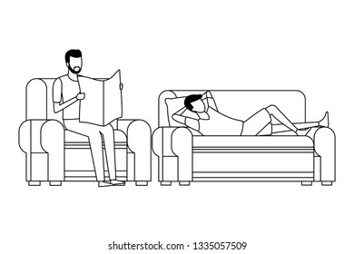 faceless men reading living room in black and white