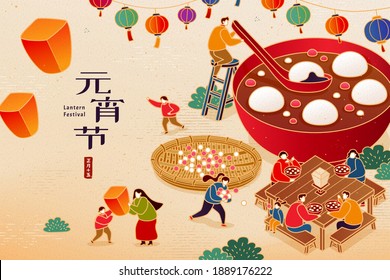 Faceless miniature Asian people enjoying sweet rice balls around a huge bowl and lanterns. Translation: CNY Yuanxiao Festival, 15th January