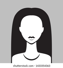 Faceless monochrome avatar girl, abstract female profile, unrecognizable user girl with long hair. Vector illustration