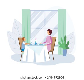 Faceless Mother and Son Have Lunch or Dinner at Restaurant or Home. Parent and Kid Visit Cafeteria. Happy Family Sit at Table in Eco Place and Organic Food. Cartoon Flat Interior. Vector Illustration