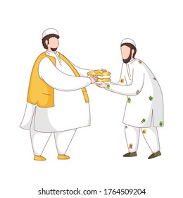 Faceless Muslim Man Giving Clothes to Person in Need on White Background.