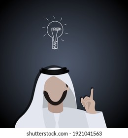 Faceless muslim man from UAE or Saudi Arabia wearing kandoora and gutra - traditional dress keeping finger up have a business idea, abstract lamp 