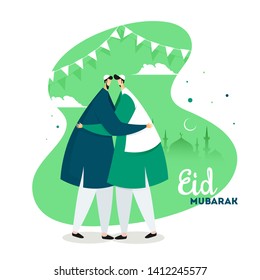 Faceless Muslim men hugging each other. Creative bunting decoration on green background for Islamic Festival celebration Eid Mubarak.