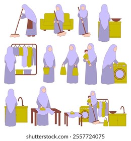 Faceless Muslim Woman Daily Activity, washing clothes, washing dishes, cooking, shopping, sweeping, taking care of children.