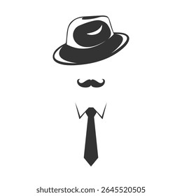 Homem de bigode sem rosto de chapéu e gravata. Silhueta abstrata de um gângster, detetive ou cavalheiro. Ilustração vetorial