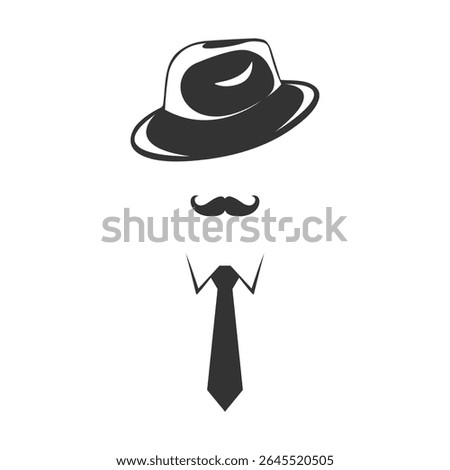 Faceless mustached man in hat and tie. Abstract silhouette of a gangster, detective or gentleman. Vector illustration