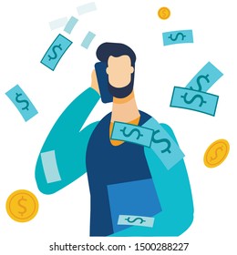 Faceless Office Worker Talking Mobile Phone. Dollar Banknote and Gold Coins Bank Cash Rain. Successful Business Deal and Finance. Trading, Commerce and Marketing. Money Earn. Vector Flat Illustration
