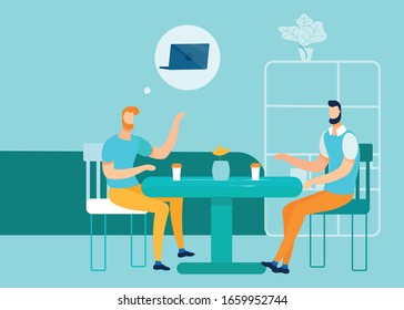Trabajadores de oficina sin rostro, colegas hablando, discutiendo un nuevo proyecto de Internet, tecnología innovadora o solución de negocios en Coffee Break Cartoon. Comunicación y trabajo en equipo. Ilustración plana vectorial