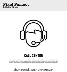 Faceless operator of call center in headset thin line icon.  Holine, helpline. Pixel perfect, editable stroke. Vector illustration.