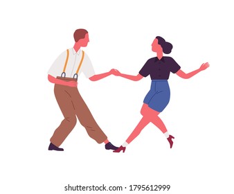 Faceless Pair Holding Hands And Dancing Lindy Hop Dance Together. Party Time In Retro Rock N Roll Style. Couple Of 1940s Style Swing Dancers. Flat Vector Cartoon Illustration Isolated On White