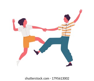 Faceless Pair Holding Hands And Dancing Lindy Hop Dance Together. Party Time In Retro Rock N Roll Style. Swing Dancers Couple In 1940s Style Clothing. Flat Vector Illustration Isolated On White