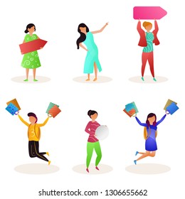 Faceless people character holding shopping bags in different poses.