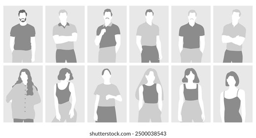 Ilustración vectorial de silueta gris de la comunidad de personas sin rostro. Conjunto aislado de avatar de perfil de personajes de usuario masculino y femenino. Anónimo desconocido hombre y mujer Cliente monocromo retrato colección