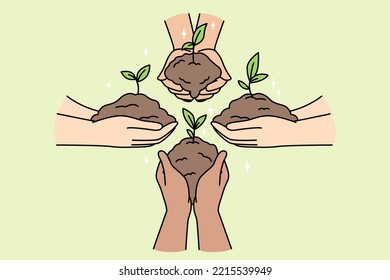 Faceless people hold plant sprouts in handfuls of ground in their palms. Green buisness, startup, teamwork, eco-friendly activities, gardening, planting of greenery. Minimalistic vector concept.