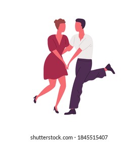Faceless people holding hands and dancing lindy hop together. Man and woman dance swing or Retro couple of dancers. Flat vector cartoon illustration isolated on white