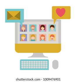 faceless people picture profiles social network in desktop computer screen with dialogues mail and heart in colorful silhouette