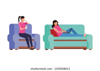 faceless people relax and eating living room