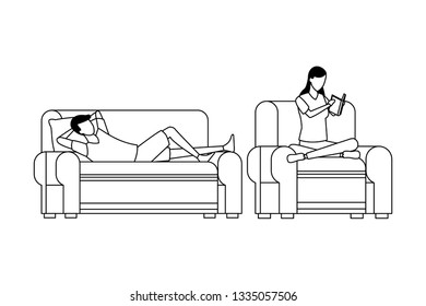 faceless people relax living room in black and white