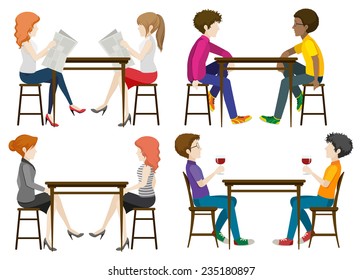 Faceless people at the table on a white background 