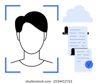 Una persona sin rostro con marcadores de captura azules junto al almacenamiento en la nube y una lista de verificación. Ideal para verificación de identidad, gestión de documentos, tecnología, seguridad, servicios en línea. Simplista, moderno