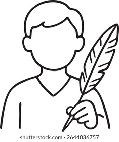 A faceless person holding a quill pen, drawn in a simple black and white outline style. The figure is minimalistic.