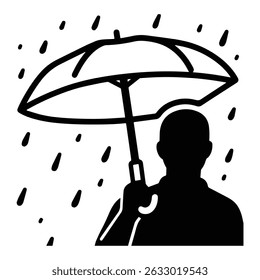 Faceless Person Holding Umbrella in the Rain – Thick Line Clipart on White Background