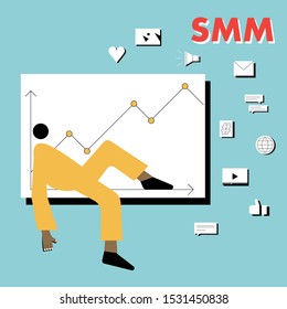 Faceless person lies on the graph. Pattern of SMM tools on a background. Concept of social media marketing analytics tools using. Flat vector illustration