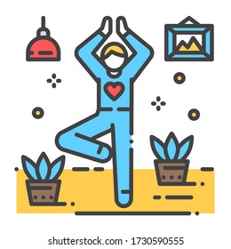 Faceless person stands in tree pose vrikshasana color line icon. Yoga pose. Asana. Home leisure. Vector isolated illustration. Editable stroke